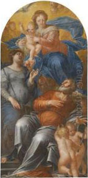 An Altarpiece With The Madonna 
And Child Enthroned Flanked Bysaints Apollonia And Bartholomew Oil Painting by Pietro Liberi