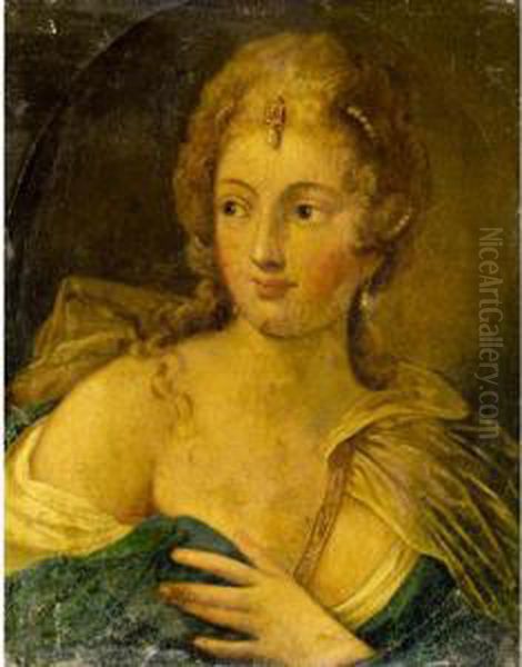 Portrait Of A Lady, Head And 
Shoulders, Wearing A White Chemise And A Blue Shawl, With Pearls In Her 
Hair Oil Painting by Pietro Liberi