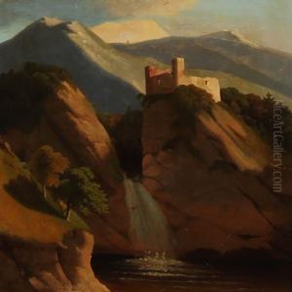 Mountain Landscape With A Waterfall And Ruin Oil Painting by Georg Emil Libert