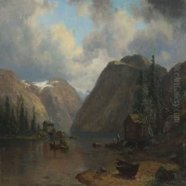 A View From Hardanger Fiord With Fishing Huts, Boats Andpeople Oil Painting by Georg Emil Libert