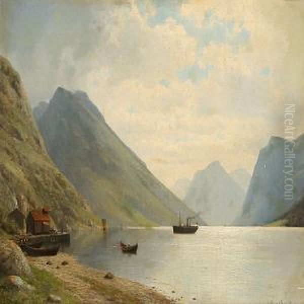 Fiord Scene On A Cloudy Summer Day Oil Painting by Georg Emil Libert