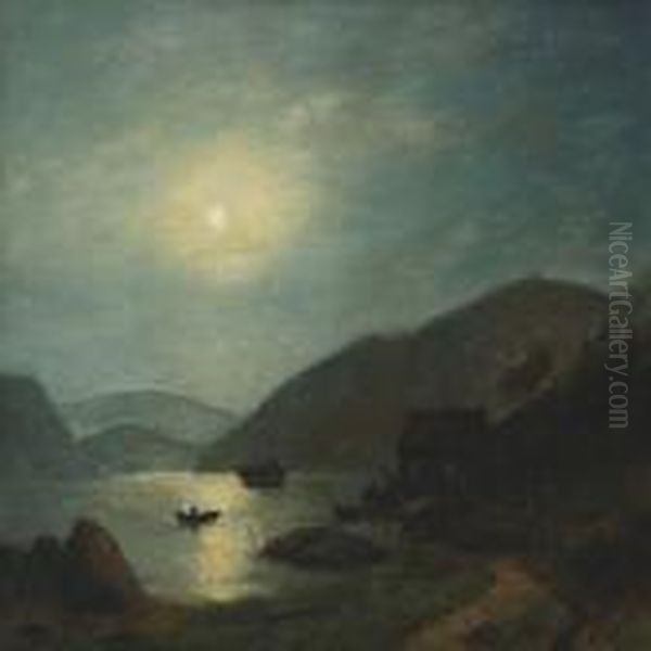 A Coastal Scenery With Ship And Rowing Boat In Moonlight Oil Painting by Georg Emil Libert