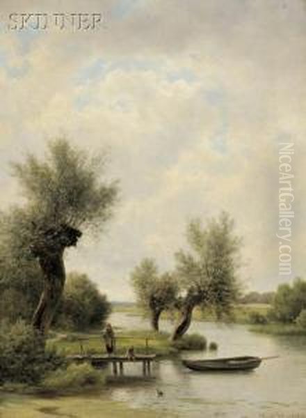 View Of Two Figures On A Dock By A Rowboat Oil Painting by Georg Emil Libert