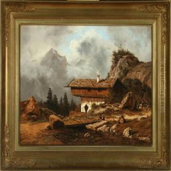 Scenery From The Alps With Persons At A Cabin Oil Painting by Georg Emil Libert