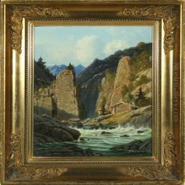 Mountain Landscapewith Footbridge Over A River Oil Painting by Georg Emil Libert