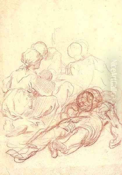 A peasant woman seen from behind, seated by a reclining figure, two others seen beyond Oil Painting by Giulio Carpione