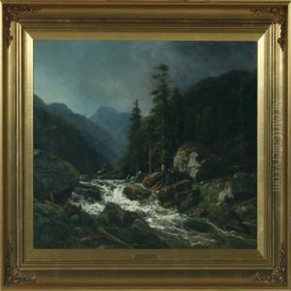 A Norwegian Landscape With Two People By A River Oil Painting by Georg Emil Libert