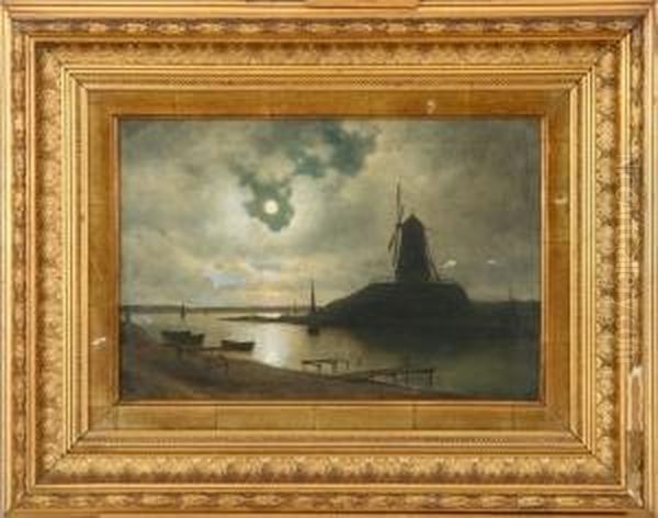 A Landscape With An Inlet, Ships And A Mill Oil Painting by Georg Emil Libert