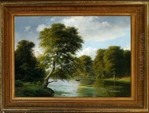 A Danish Summer Landscape With A Forest Lake Oil Painting by Georg Emil Libert