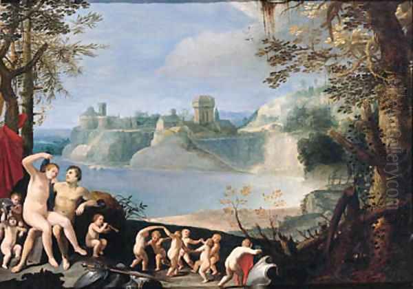 Mars and Venus in a river landscape Oil Painting by Giuseppe Cesari