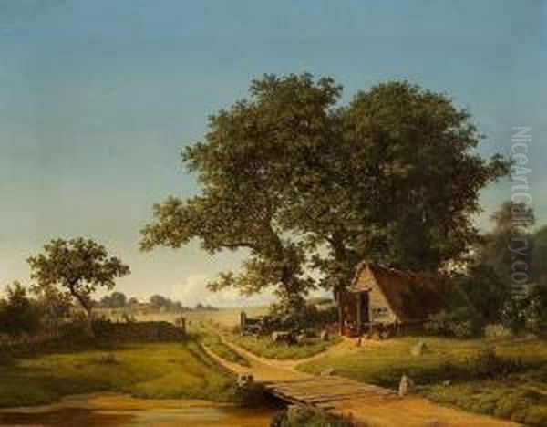 Landscape With A Woman Sitting In Front Of A Small Thatched House Oil Painting by Georg Emil Libert