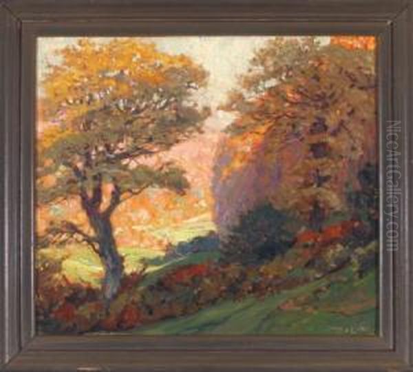 Blick Von Einer Bewaldeten 
Schattigen Anhohe Mit Einigen Rehen Ins Lichtdurchflutete Werratal Oil Painting by Hans Licht