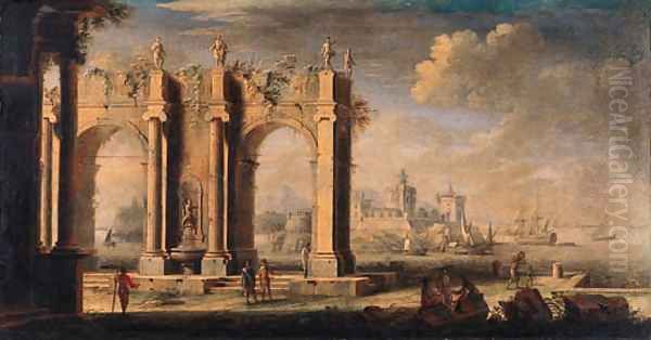 Figures amongst classical ruins, a port beyond Oil Painting by Leonardo Coccorant