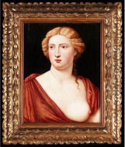 Portrait Of A Courtesan, Head And Shoulders, Wearing A Red Dress Oil Painting by Bernardino Licinio