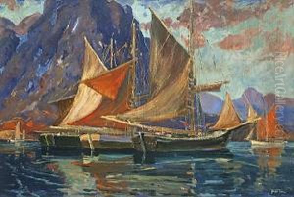 Fishing Boats In A Harbor Oil Painting by Jonas Lie