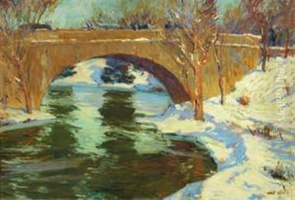 Central Park Bridge In Winter Oil Painting by Jonas Lie