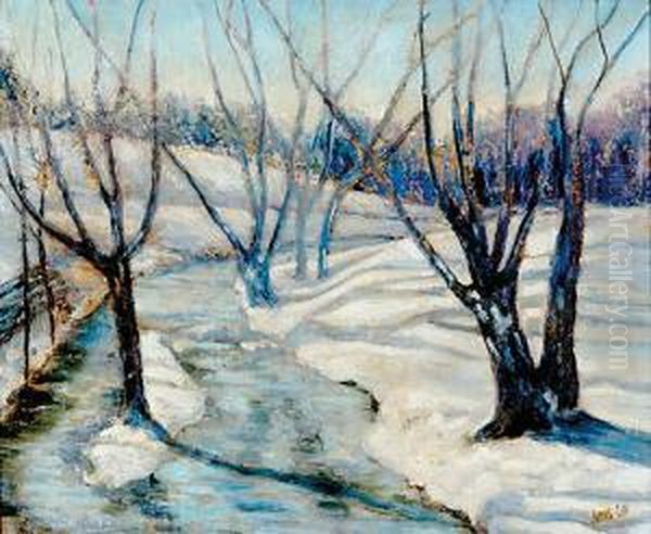 Winter Stream Oil Painting by Jonas Lie