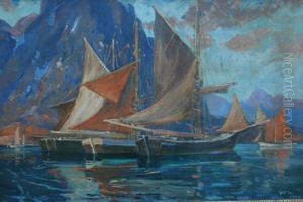 Sailboats In A Harbor Oil Painting by Jonas Lie