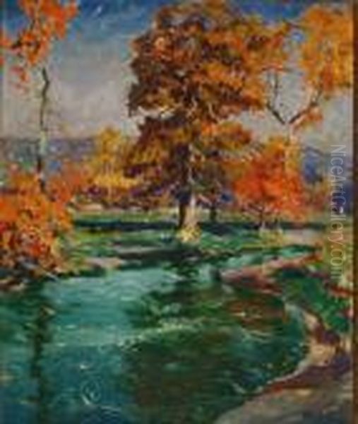 Winding Stream Through An Autumn Landscape Oil Painting by Jonas Lie