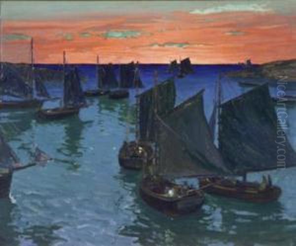 Sailboats Gathered In A Harbor At Dusk Oil Painting by Jonas Lie