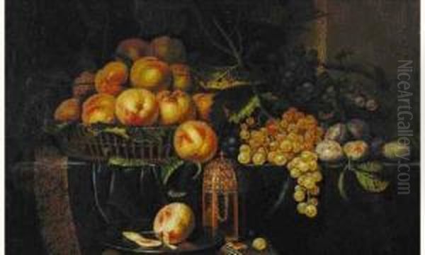 Panier D'abricots, Pieces D'orfevrerie, Raisins Et Prunes Sur Un Drap De Velours Bleu Oil Painting by Paul Liegeois