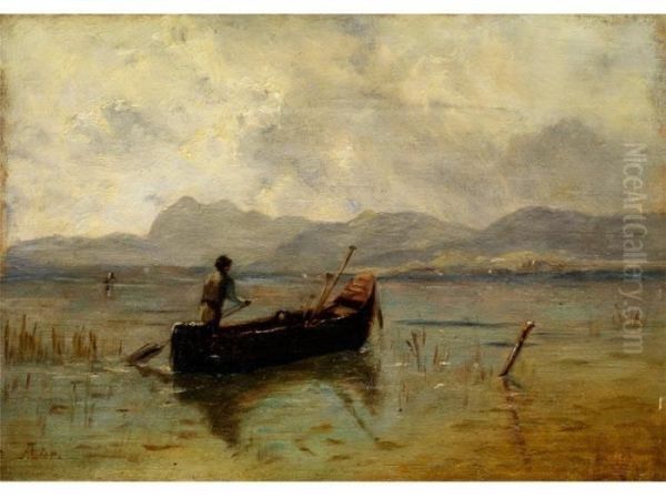 Fischer Im Boot Am Chiemseeufer Oil Painting by Adolf Heinrich Lier