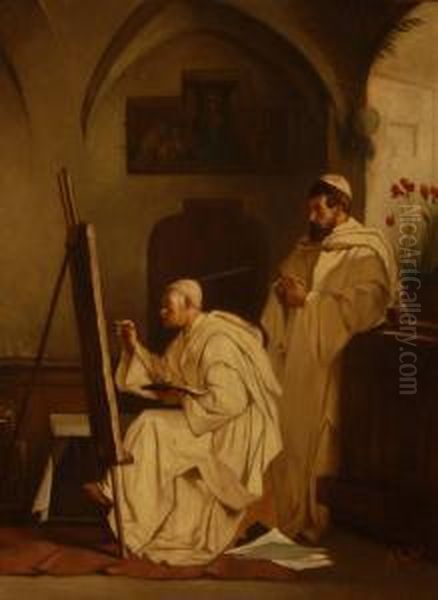 Monastery Interior Scene With Monks Painting Oil Painting by Adolf Heinrich Lier