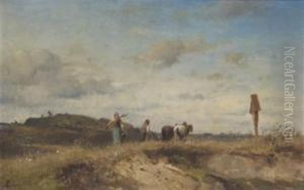 Landscape With Figures And Cow Oil Painting by Adolf Heinrich Lier