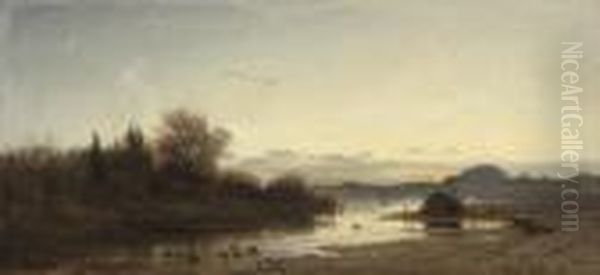 Ducks On A Lake At Dusk Oil Painting by Adolf Heinrich Lier