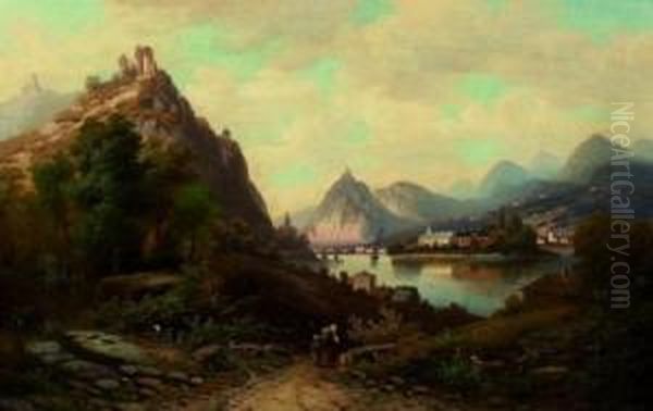 Der Rhein Mit Rolandsbogen Oil Painting by Adolf Heinrich Lier