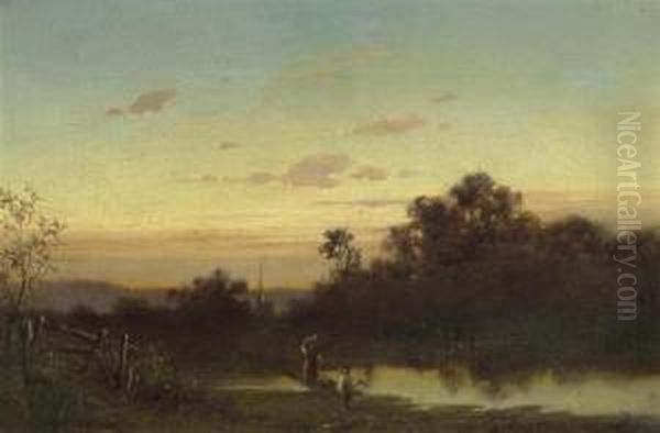 Flusslandschaft Mit Figuren Im Abendrot. Oil Painting by Adolf Heinrich Lier