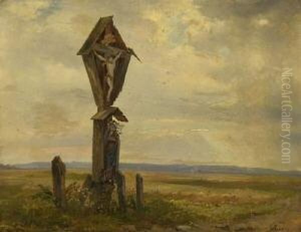 Feldkreuz Bei
 Abendstimmung. Oil Painting by Adolf Heinrich Lier