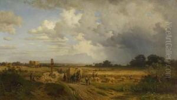 Heuernte Auf Der Hochebene Bei
 Munchen. Oil Painting by Adolf Heinrich Lier