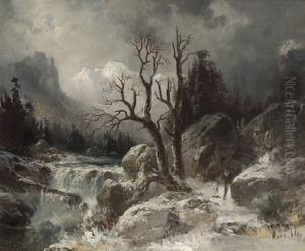 Winterliche
 Gebirgslandschaft. Oil Painting by Adolf Heinrich Lier