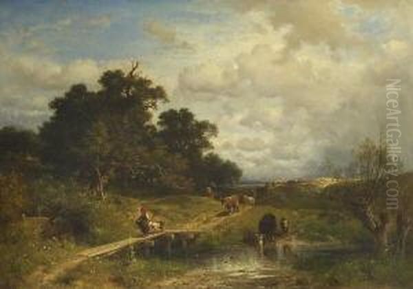 Spatsommerliche Baumlandschaft Mit
 Kuhen Auf Dem Heimweg. Oil Painting by Adolf Heinrich Lier