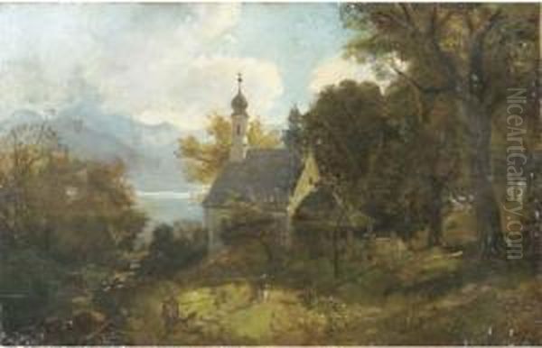 A Chapel On A Wooded Hillside Oil Painting by Adolf Heinrich Lier