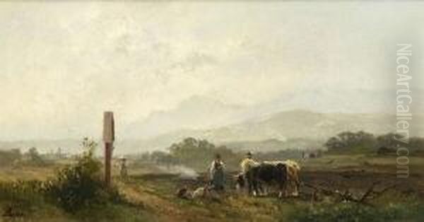 Bauern Bei Der Feldarbeit In
 Vorgebirgslandschaft. Oil Painting by Adolf Heinrich Lier