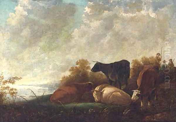 Cattle at rest by a river, drovers beyond Oil Painting by Aelbert Cuyp