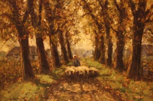 Schafer In Einer Allee Oil Painting by Helmut Liesegang