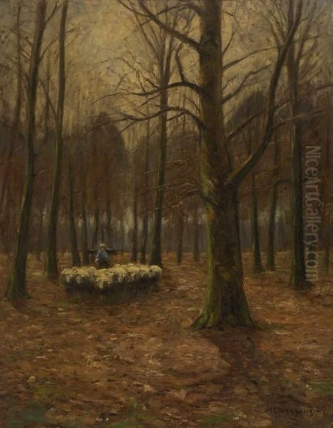 Schafer Mit Herde Im Herbstwald Oil Painting by Helmut Liesegang