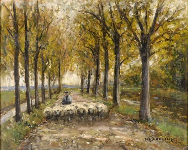 Herbstliche Allee Mit Schafherde. Oil Painting by Helmut Liesegang