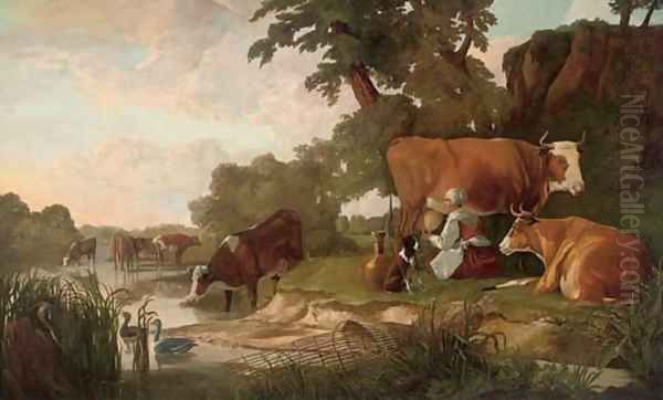 A river landscape with cattle watering and a milkmaid Oil Painting by Aelbert Cuyp