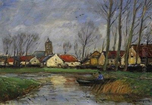 The Lower Rhine. Oxbow Lake In 
Front Of A Church With Village. Signed Bottom Right: H. Liesegang Oil Painting by Helmut Liesegang