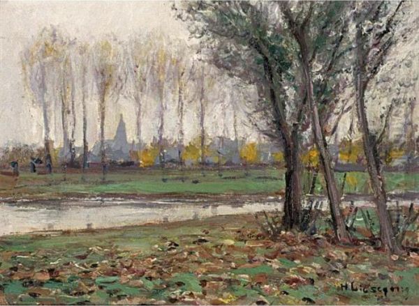 A Riverlandscape In Autumn Oil Painting by Helmut Liesegang