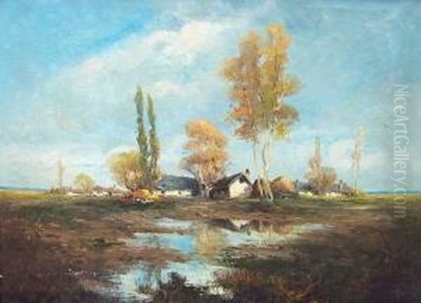 Niederrheinische Landschaft Mit Bauernhausern Oil Painting by Helmut Liesegang