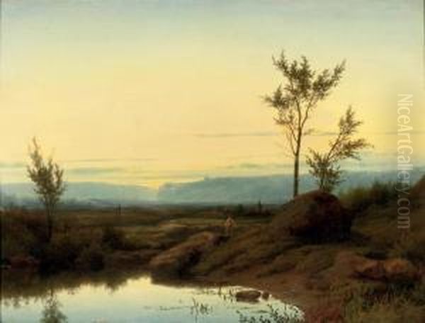 Fishermen Near A Pond At Sunset Oil Painting by Cornelis Lieste