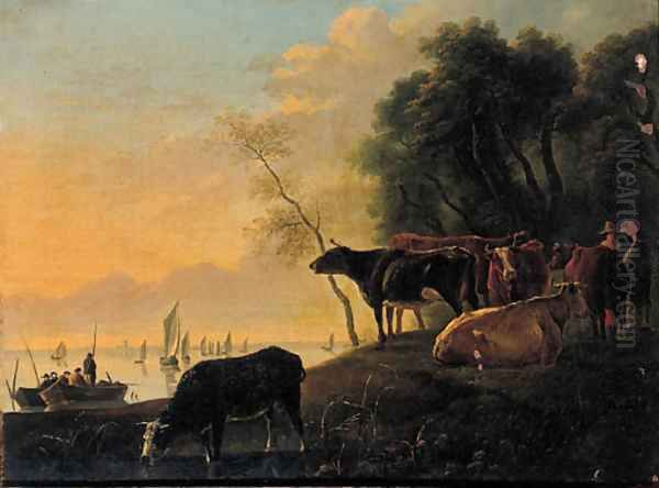 Cowherds and cattle on a riverbank on a summer's day Oil Painting by Aelbert Cuyp