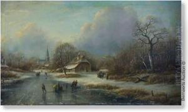 Landscape With Skaters Near A Village Oil Painting by Cornelis Lieste