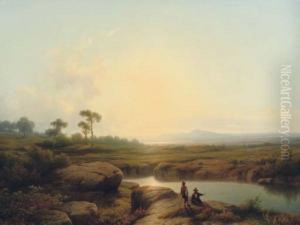 Sunset Over A River Oil Painting by Cornelis Lieste