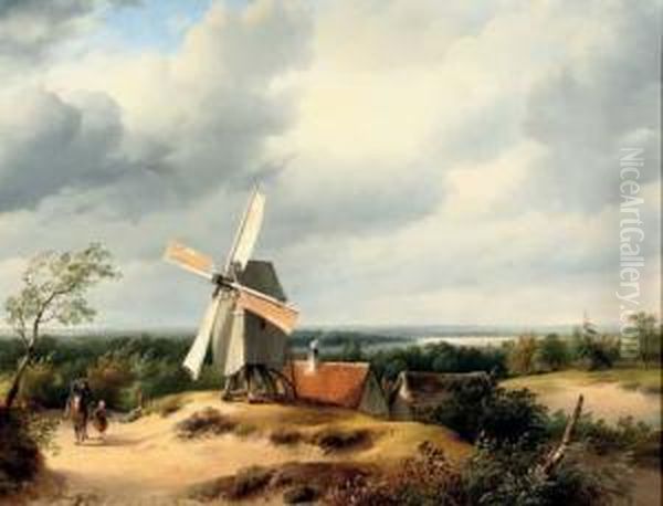 Travellers Passing A Mill In An Extensive River Landscape Oil Painting by Cornelis Lieste